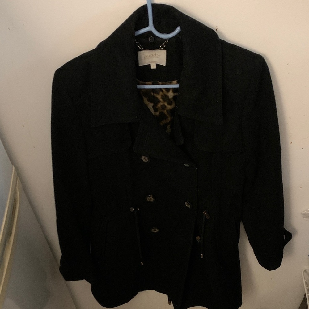 Stunning Black Wool Pea Coat W/Leopard Lining Laundry By Shelli Segal SZ 8/M😍😍😍